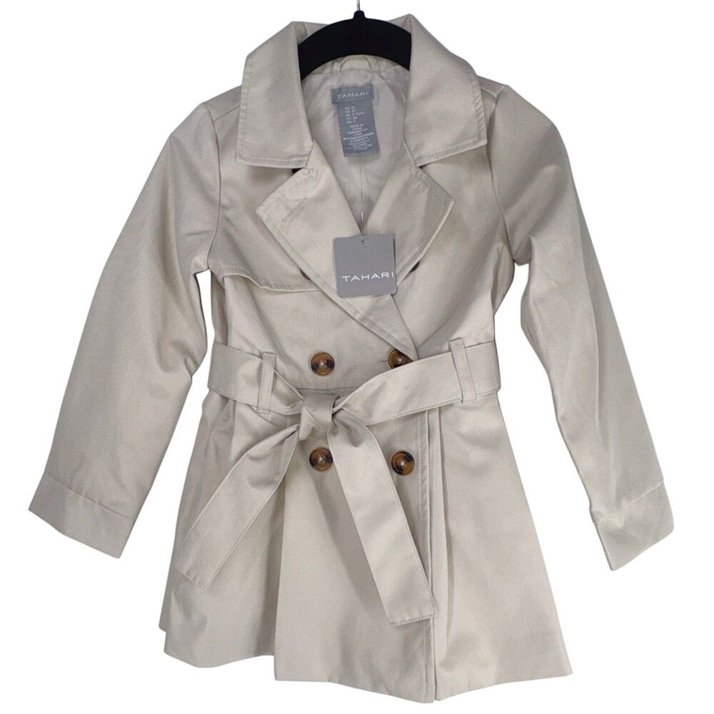 Toddler Girls Coat 3T Rain Beige Pleated Trench Double Breasted Belt Buttons